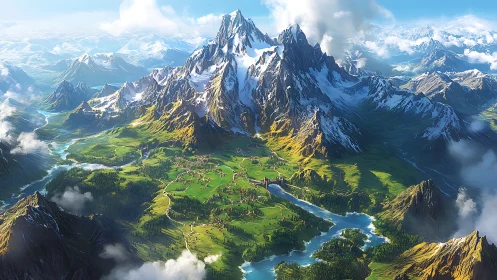 Sunlit alpine kingdom beneath towering snow peaks.