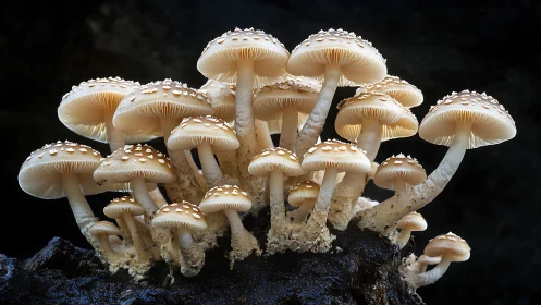 Glowing forest mushrooms rise together in a soft, silver light