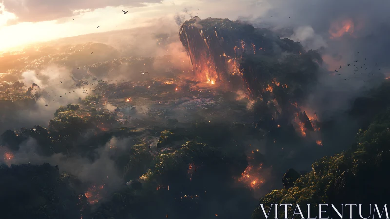 Cataclysmic Volcanic Eruption Over Forested Valley at Dusk.