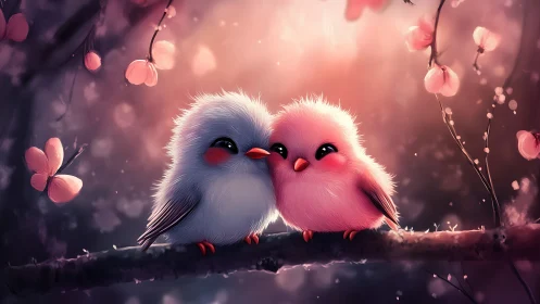 Two fluffy birds perched together amid spring blossoms.