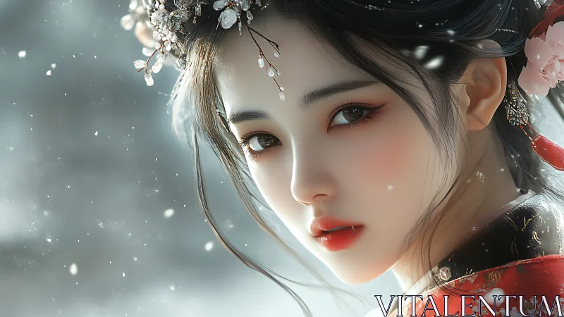 Digital portrait of woman in traditional attire with snowfall.