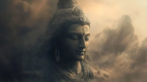 Serene stone deity head rising from misty mountain clouds.