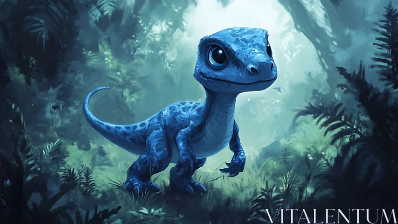 Juvenile blue dinosaur rendered in luminous jungle lighting
