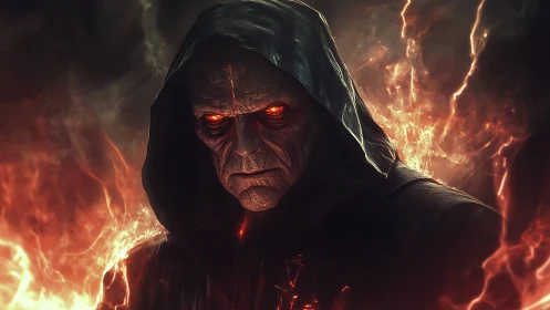Hooded fire-eyed warlock emerging from molten shadows.
