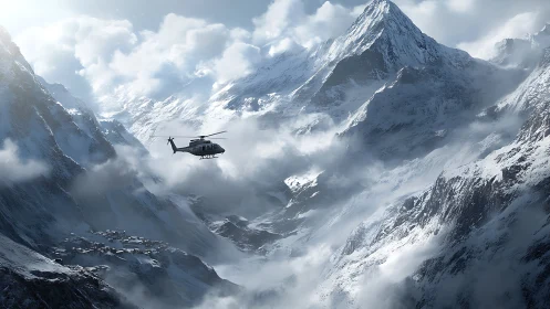 Military helicopter traversing fog-filled glacial alpine valley