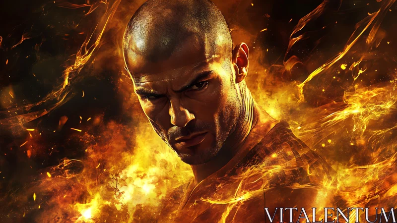Fierce bald warrior engulfed in dynamic swirling firestorm.