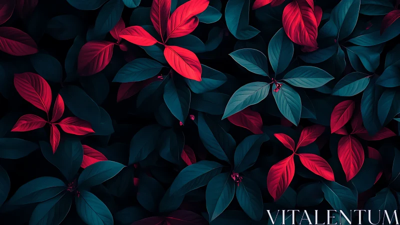High-contrast digital foliage study with cyan-blue and red leaves