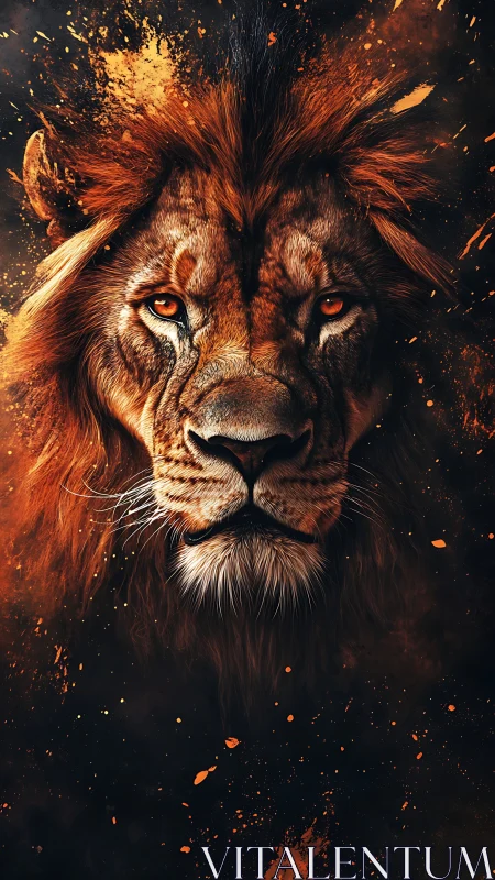 Frontally lit lion portrait with fiery splatter effects