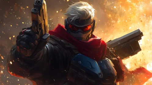 Gunmetal vigilante strides through firelit chaos in focus