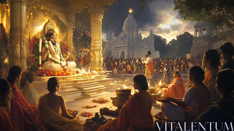Temple courtyard ritual with deity statue and gathered crowd.