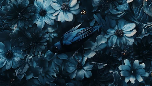 Blue Flowers with Insects in Dark Tonal Environment