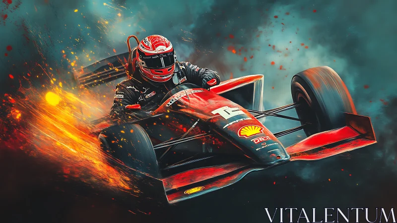 Red racing fury bursting through sparks and swirling smoke.