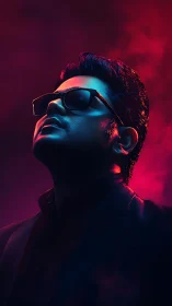 Neon-lit portrait of a confident man in cinematic glow.