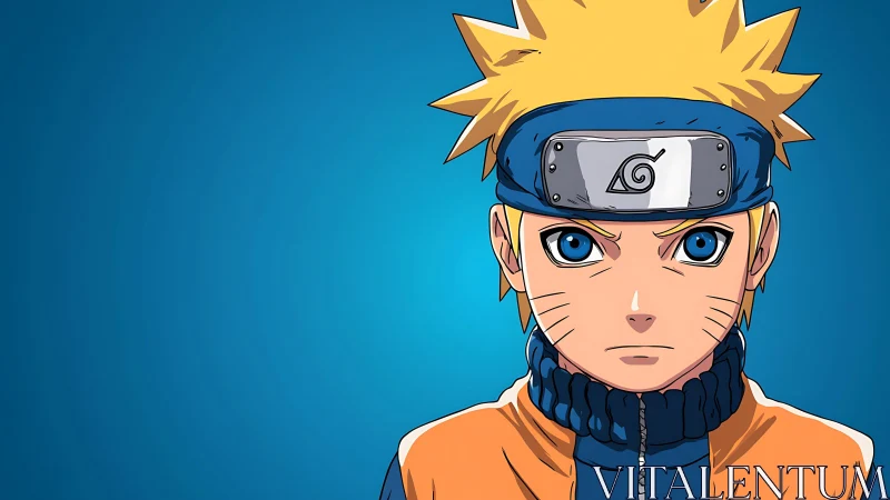 Bright eyed anime hero standing strong against blue sky.