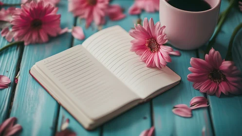 Open lined notebook lies on teal boards with cup and flowers