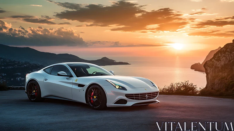 White sports car parked on coastal cliff at vivid sunset.