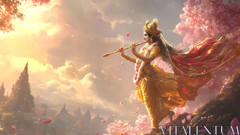Divine flutist in golden attire strides above temple valley