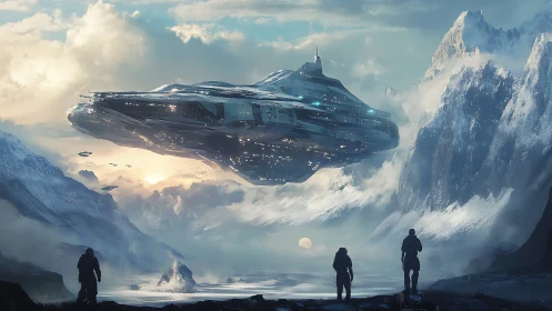Colossal starship hovers above icy mountain expedition
