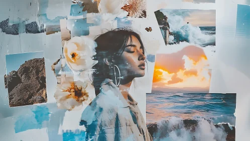 Collaged seascape photographs overlay a calm female portrait