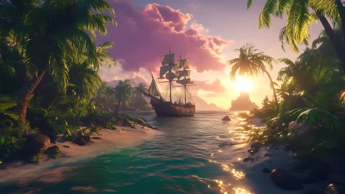 Galleon anchored at tropical sunset cove.