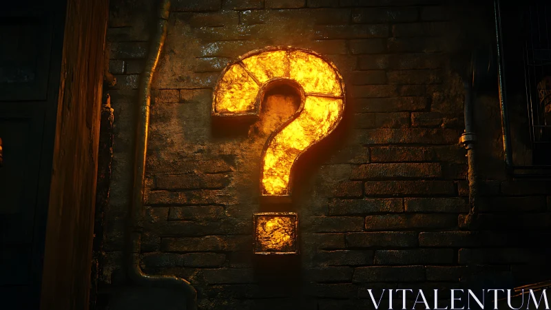 Glowing question mark sign on gritty urban brick wall.