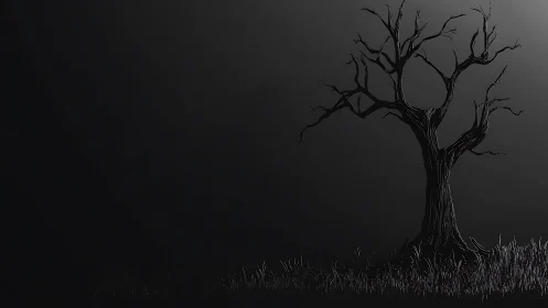 Lonely bare tree stands in a dark misty monochrome field