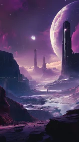 Purple alien valley with giant planet and tall monoliths.