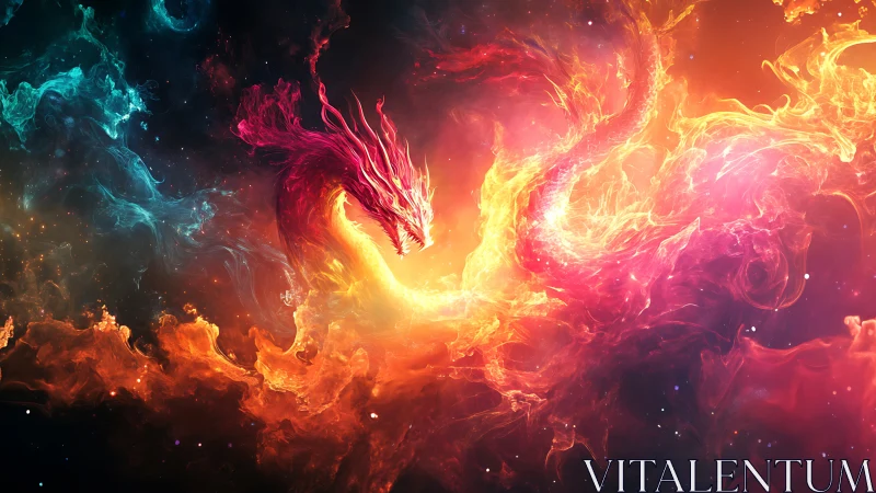 Fiery cosmic dragon forms from swirling nebula clouds