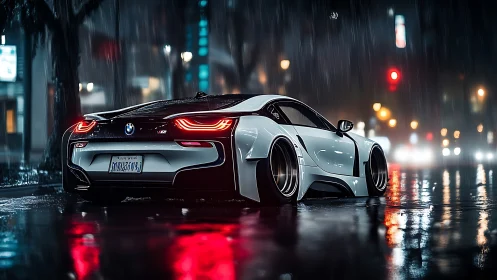 Widebody BMW i8 rendered in hyperreal neon-lit night rain