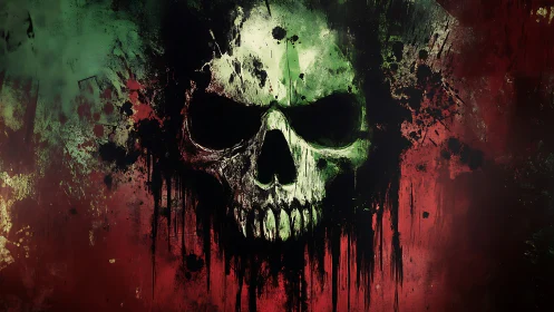 Skull silhouette in abstract red and green splattered field.