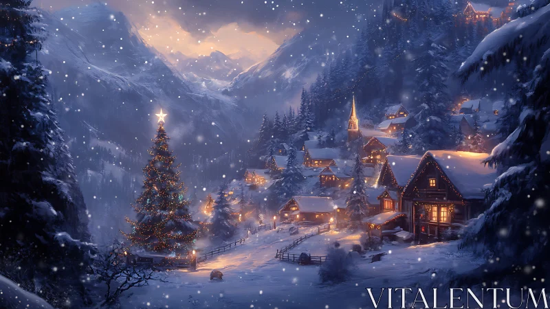 Snowy alpine village glows under towering decorated Christmas tree