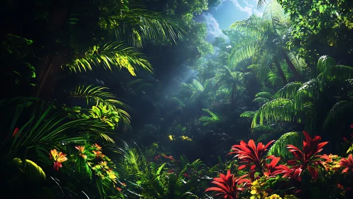 Tropical Canopy Ecosystem with Volumetric Light Penetration and Vivid Flowering Flora