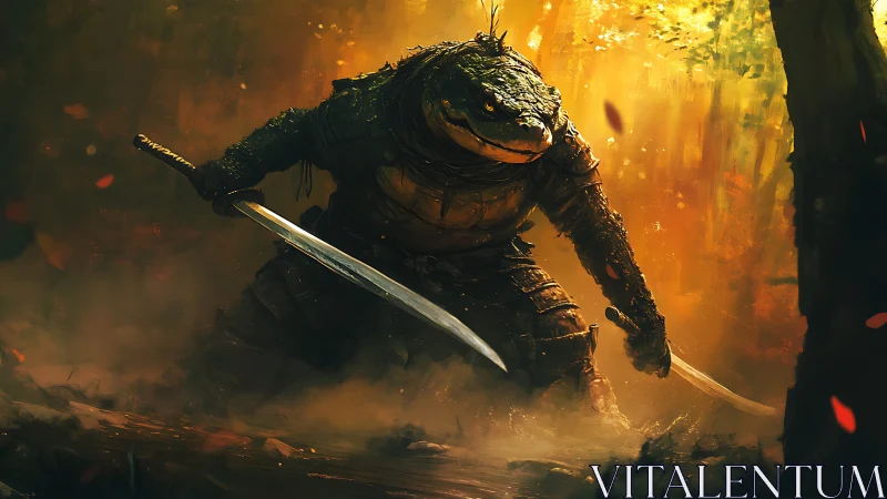 Amphibious warrior in segmented armor brandishing dual curved blades