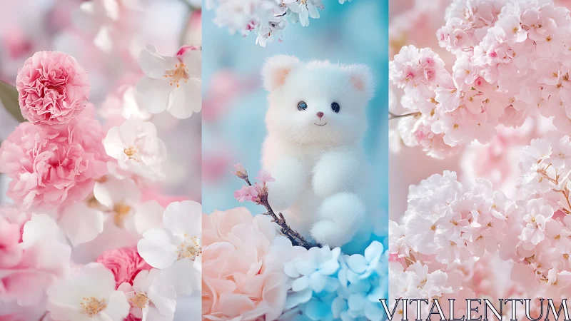 White Fluffy Cat Among Pink and Blue Floral Arrangements.