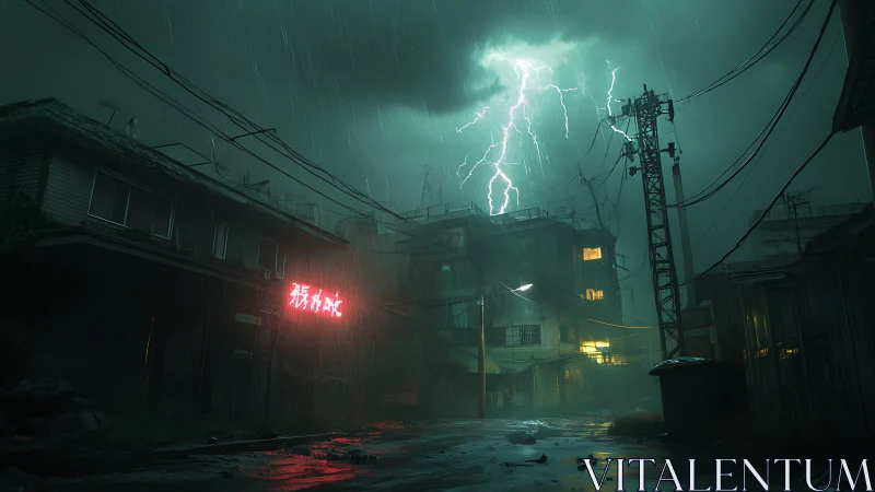 Urban alley under lightning storm with neon signage.