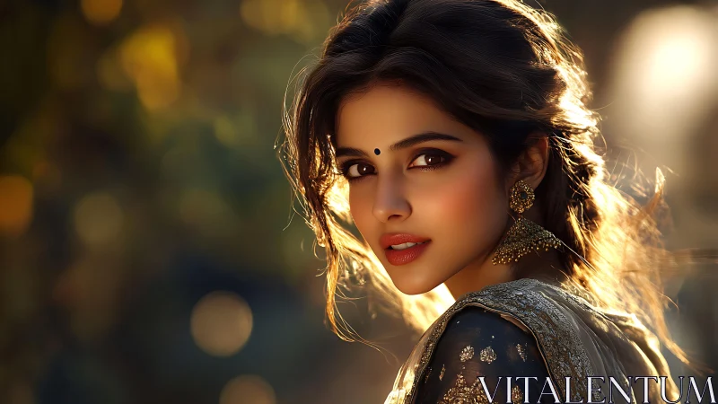 Golden hour portrait of woman in ornate embroidered sari.