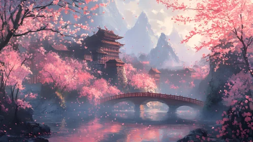 Digital painting of sakura bridge and misted mountain templescape.