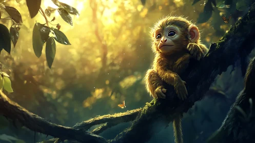 Juvenile monkey on mossy branch in sunlit rainforest clearing