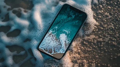 Phone drowns in its own digital surf while tides whisper back