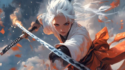 White-haired swordswoman lunges forward with dual katanas drawn