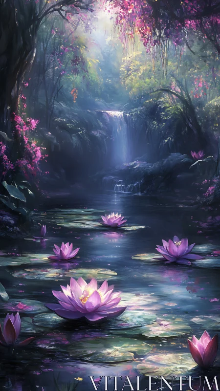 Enchanted forest lagoon with luminous violet lotus blooms.