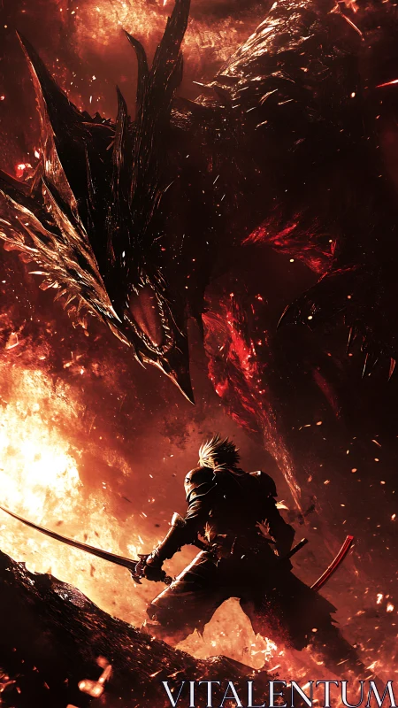 Lone swordsman confronts colossal fire dragon in molten abyss.