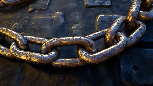 Close view of heavy metal chain on dark textured surface.