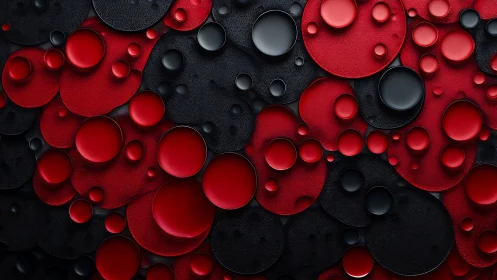 Red and black circular layers forming textured abstract field.