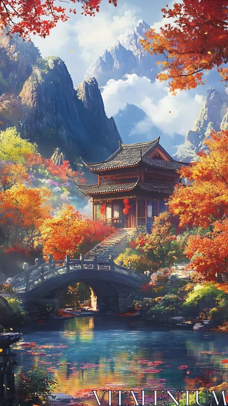 Autumn mountain temple over quiet bridge and blue water.