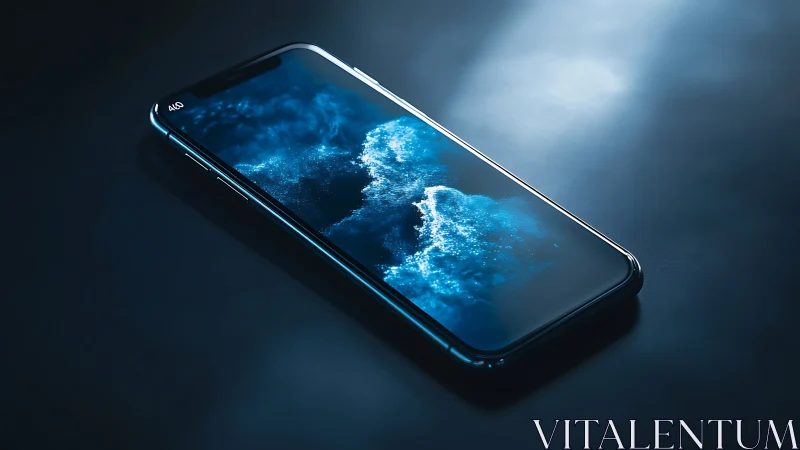 Edge-lit smartphone with luminous oceanic OLED waveform display.