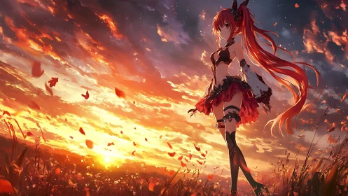 Red haired anime girl in field under intense sunset sky.