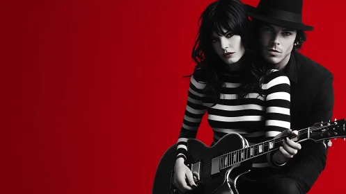 Monochrome duo with electric guitar on saturated red field.