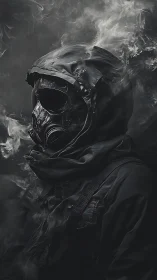 Mysterious wanderer in a gas mask cloaked in swirling smoke.