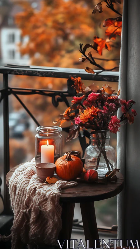 Autumn balcony still life glows with candlelight and warmth